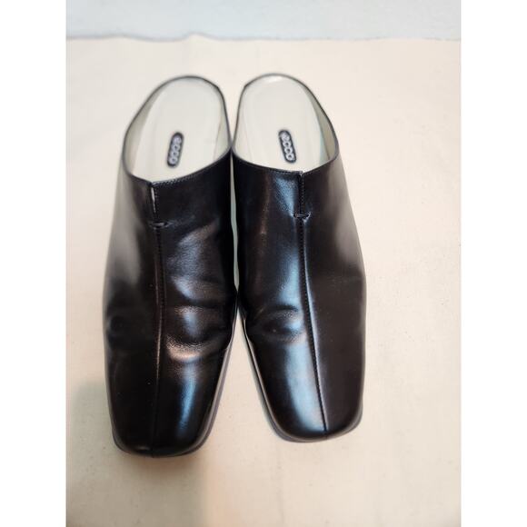 vtg ECCO Square Toe Leather Mule Heels‎ Black 7.5 Block Heel Slip On Minimalist - Picture 1 of 10